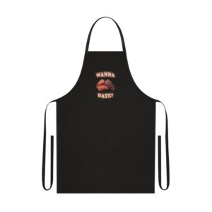 black cotton apron, "Wanna Date" written around three date fruits, 100% cotton, tie-back