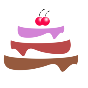 cake logo drawn in Photoshop with three fruit colored layers, chocolate cake, peach cake, blackberry cake, cherries on top