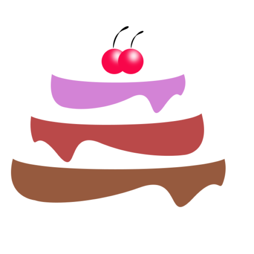 cake logo drawn in Photoshop with three fruit colored layers, chocolate cake, peach cake, blackberry cake, cherries on top