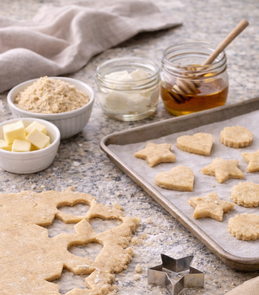making shortbread ingredients for coconut shortbread and dough rolled out and cut out with some cut and on tray ready to bake