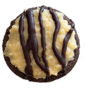 German chocolate cookie with coconut topping and chocolate drizzle