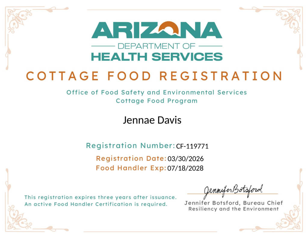 Cottage Food Registration certificate issued by the Arizona Department of Health Services for Jennae Davis with registration and expiration dates