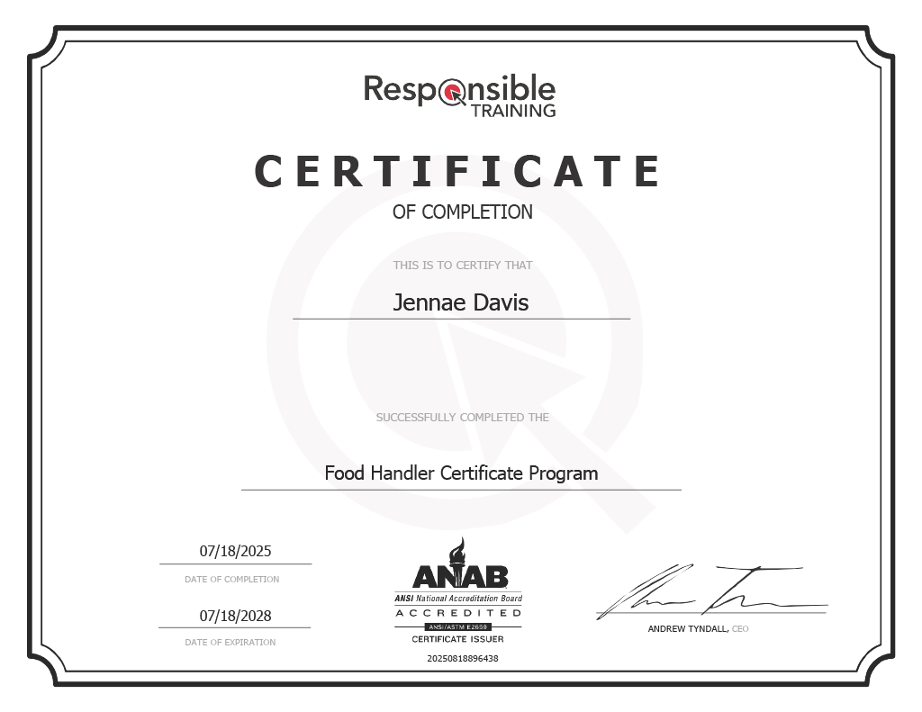 Food handler certificate issued by Responsible Training to Jennae Davis showing completion and expiration dates