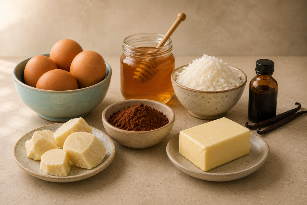 Ingredients That Do More Than Bake | Grain-free Granny's Kitchen A collection of natural baking ingredients including brown eggs, honey, coconut flakes, cocoa powder, cocoa butter, butter, vanilla, and a white stand mixer on a warm kitchen countertop.