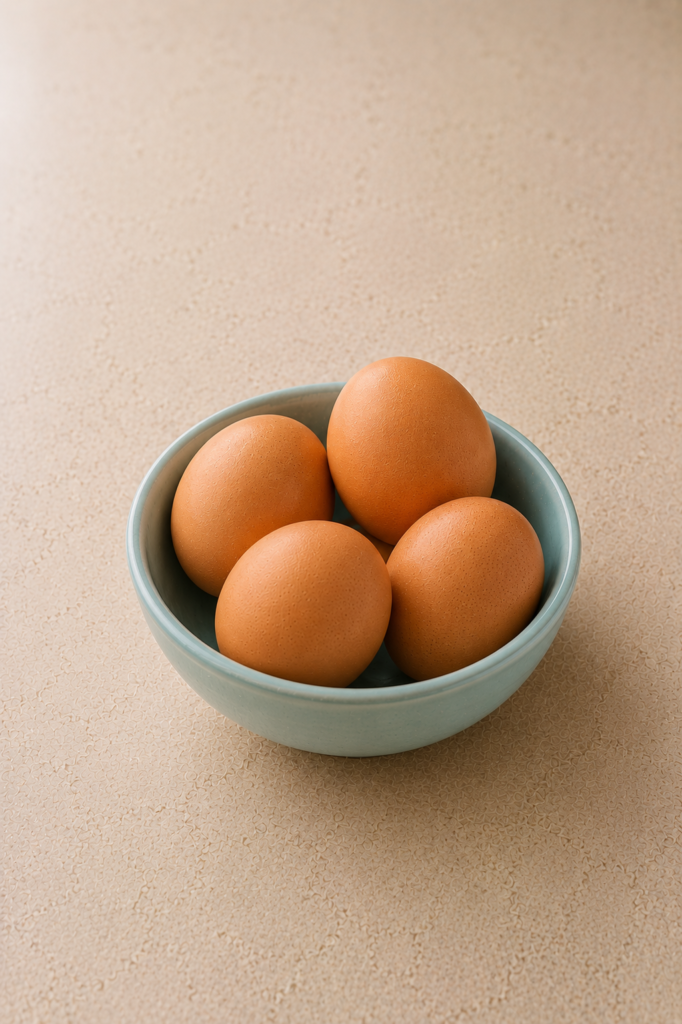 brown eggs in blue bowl
